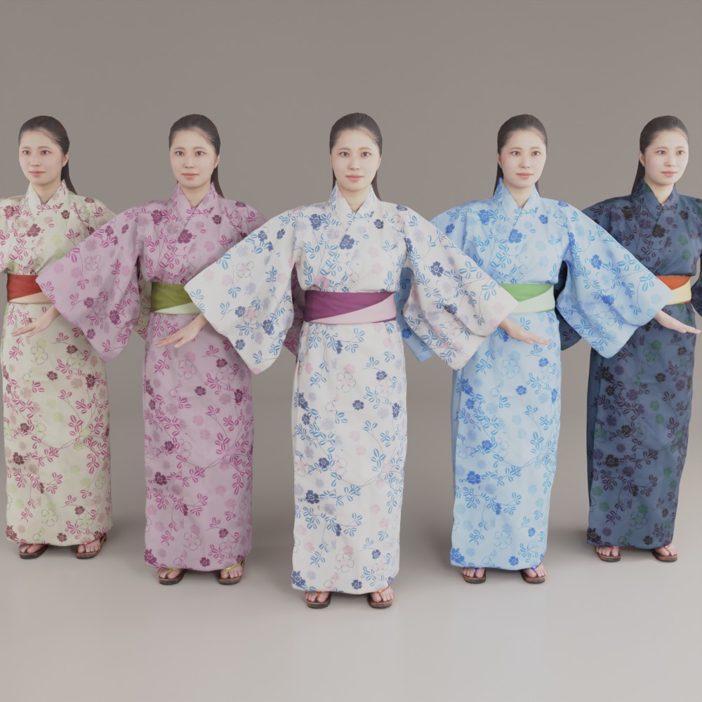 浴衣姿の3D人物モデル時本人女性-5色の浴衣