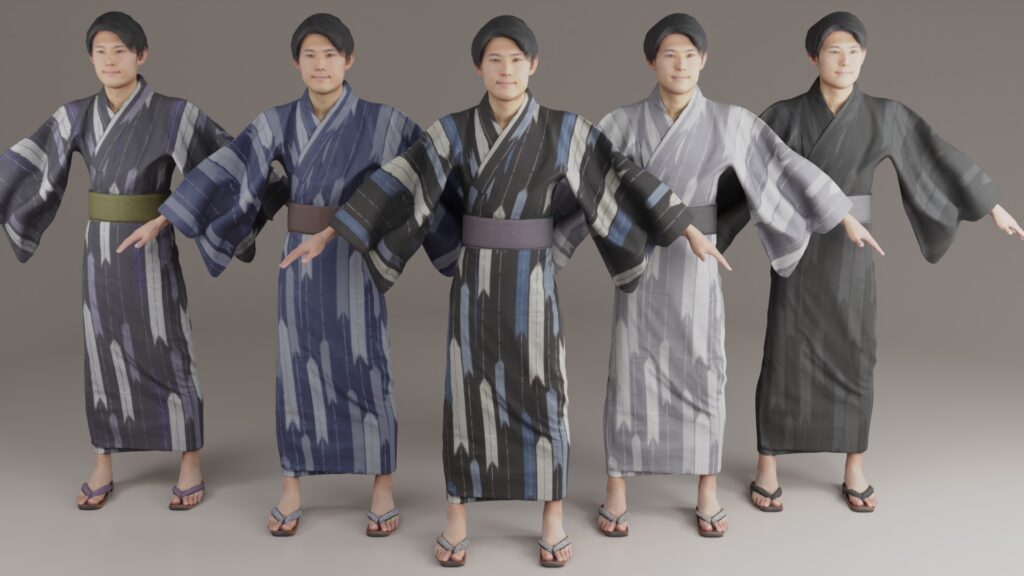 浴衣姿の3D人物モデル時本人男性5色の浴衣