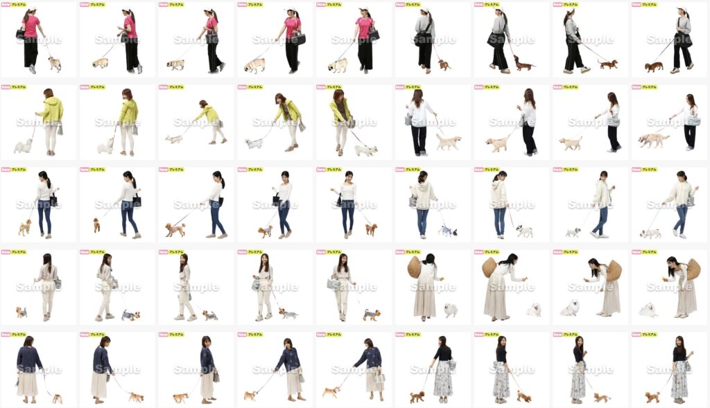 犬を散歩させる人物素材の一覧表
